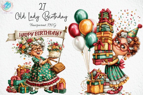 Download Whimsical Old Lady Birthday Clipart PNG - Old Collection
